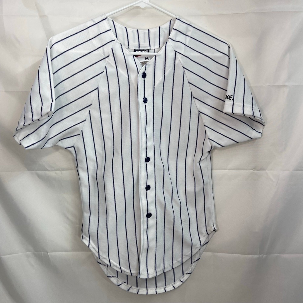 BIKE youth kid's white black pinstripe short sleeve button down baseball‎ Jersey